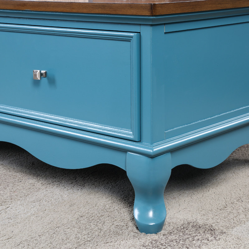 美式蓝色实木两斗茶几 北欧艺术雕花咖啡桌 地中海客厅家具欧式