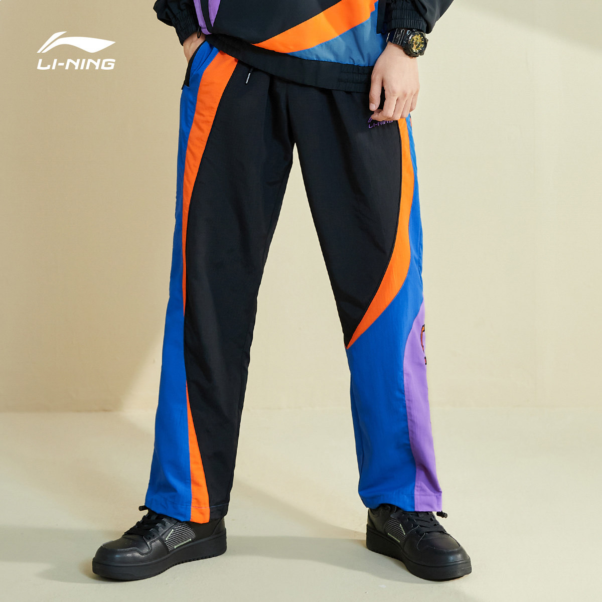中国李宁运动裤男士时尚拼接撞色休闲裤子春夏潮流梭织运动裤男