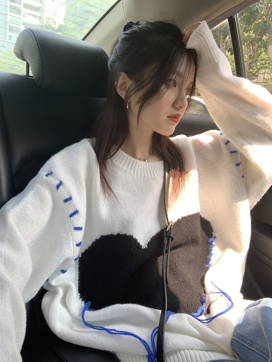馨帮帮sinbounboun 韩系小众套头宽松爱心白色慵懒风毛衣女秋冬