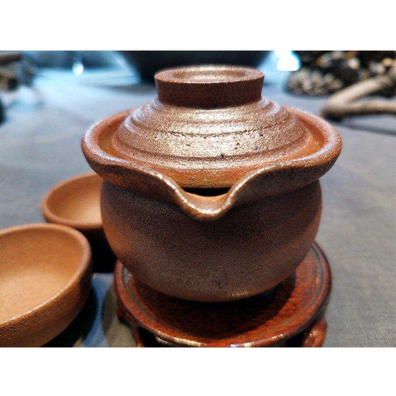 荥经黑砂1200以上炭烧盖碗火温高于柴烧粗陶古朴手抓壶无釉茶具