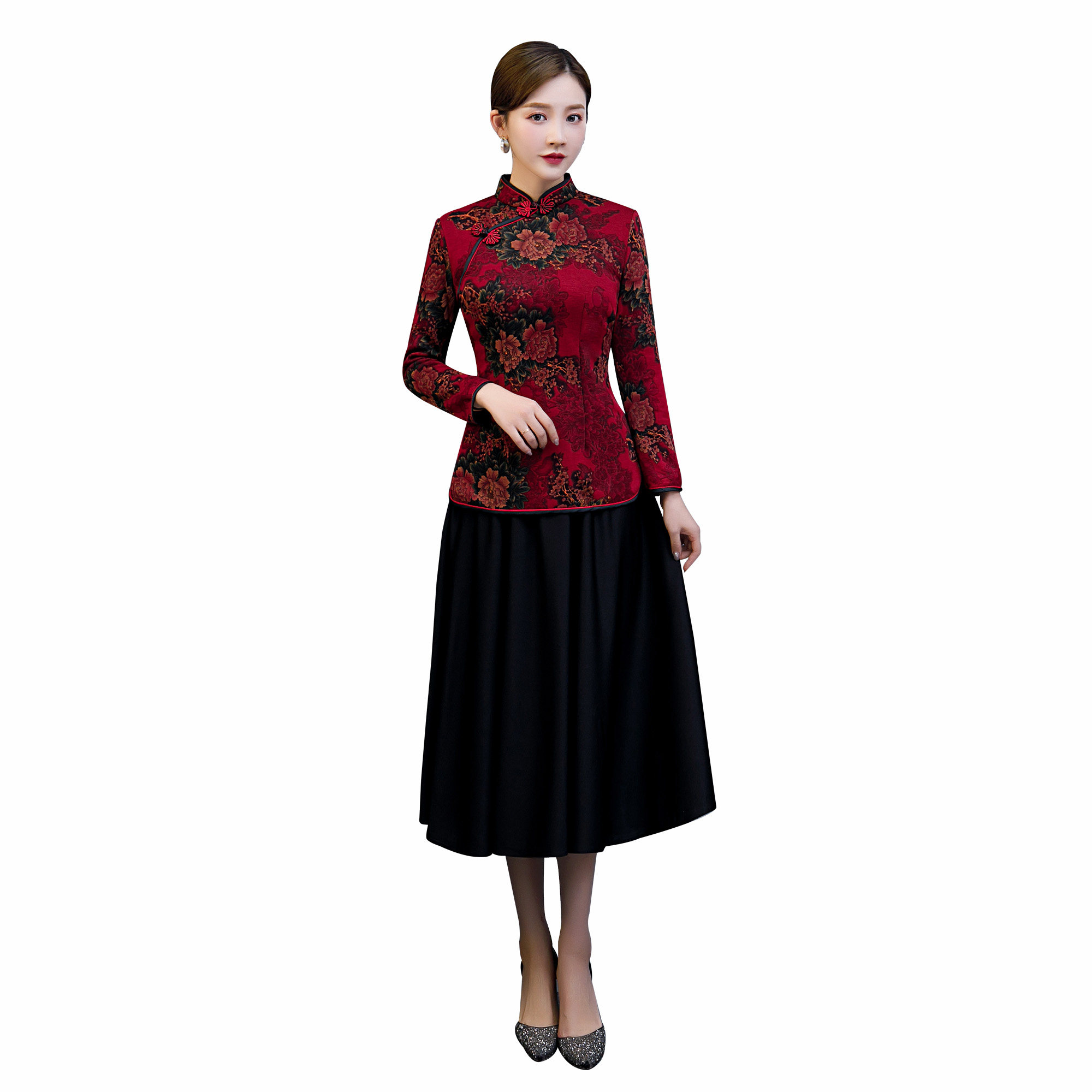 旗袍女秋冬款打底衫保暖两件套改良版加绒加厚中老年女装妈妈上衣