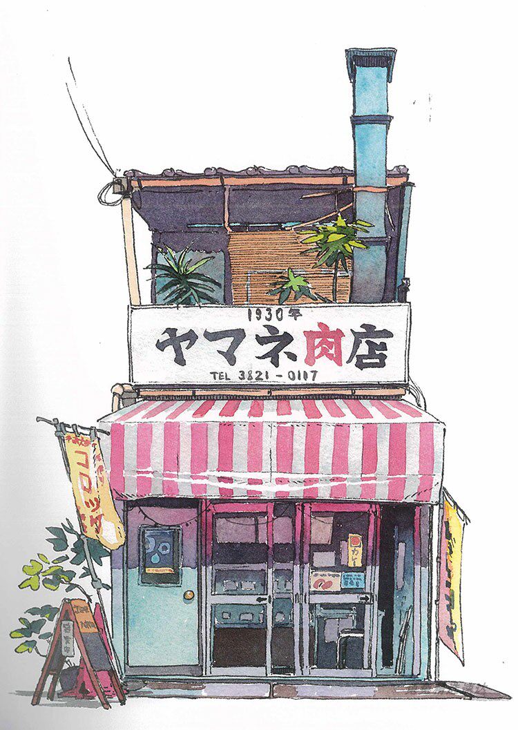 东京老店店铺钢笔淡彩手绘画插画日文卡通动漫画设计素材