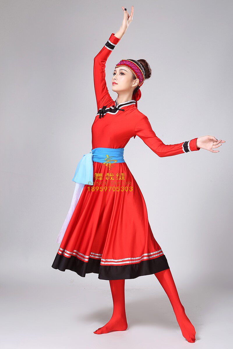 新款蒙古族演出服女装内蒙古舞蹈服装大红长裙成人民族服装