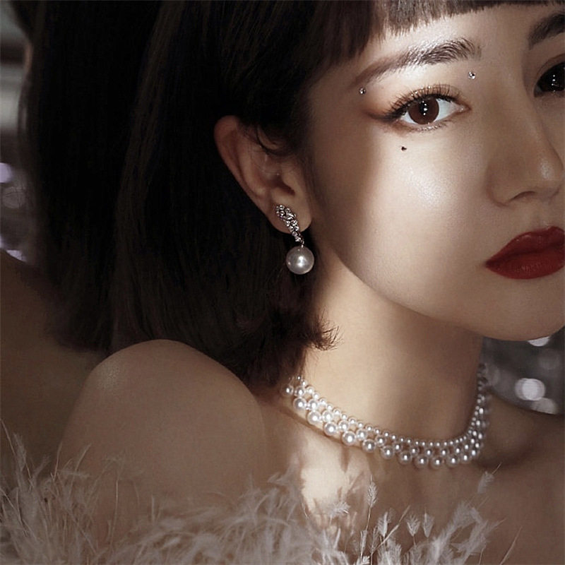 热巴微博之夜同款珍珠耳环s925银针闪钻翅膀耳环