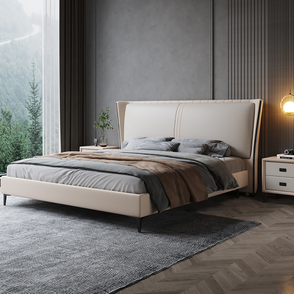 软包双人床轻奢皮床实木框架结构意式极简现代床软皮艺床