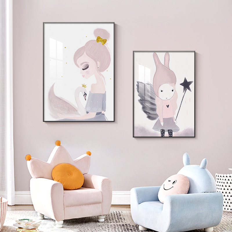 儿童装饰画女孩房间挂画二联公主壁画现代简约卧室现代装饰画