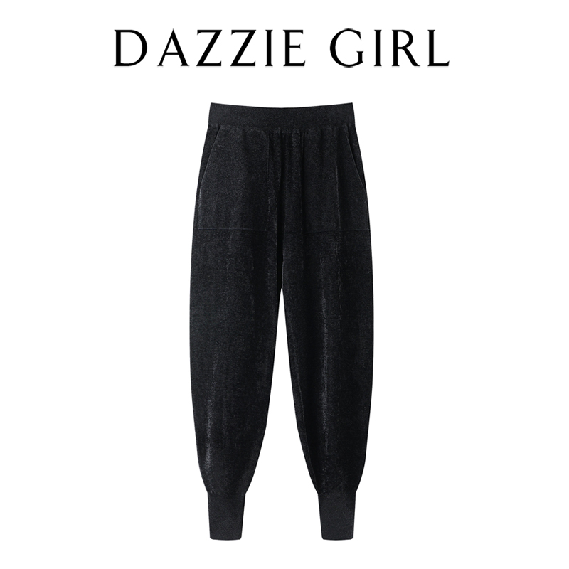 CWJ2022春新款百搭显瘦松紧腰束脚复古工装丝绒长裤针织裤女靴裤