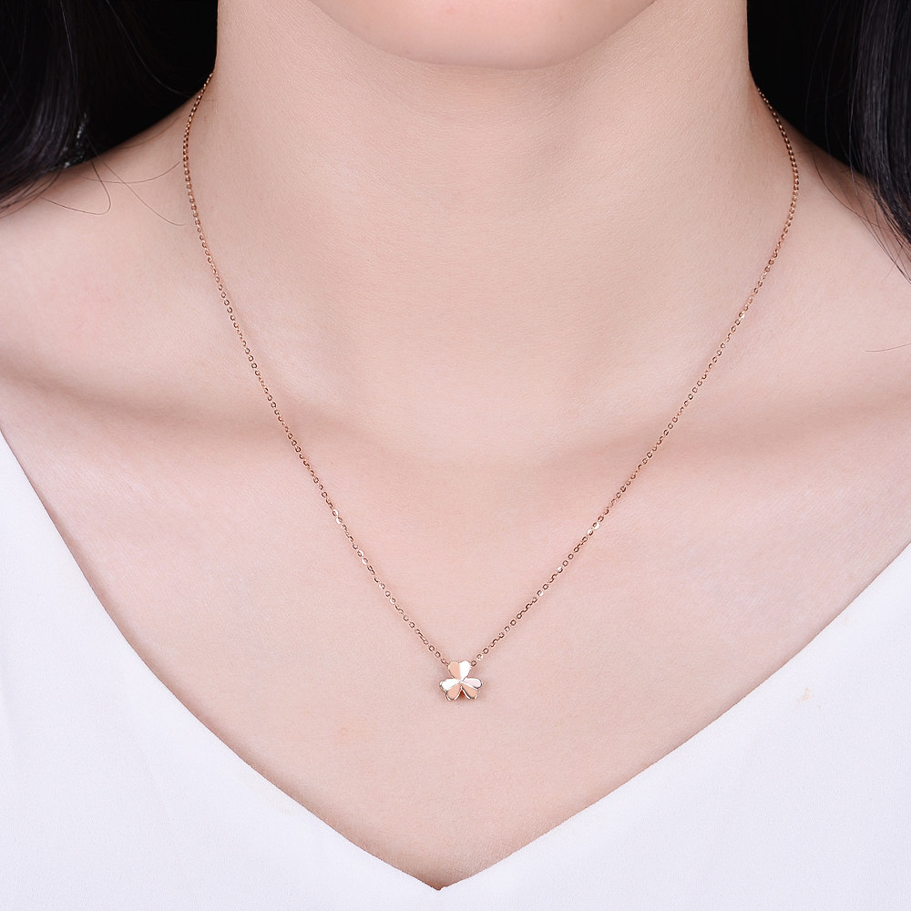 佐卡伊 18k玫瑰金三叶草项链吊坠女正品au750彩金叶子锁骨链颈饰