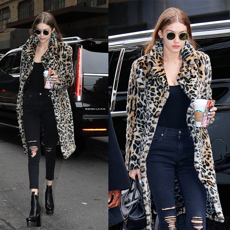 吉吉gigihadid同款中长款仿皮草豹纹女装加厚皮草