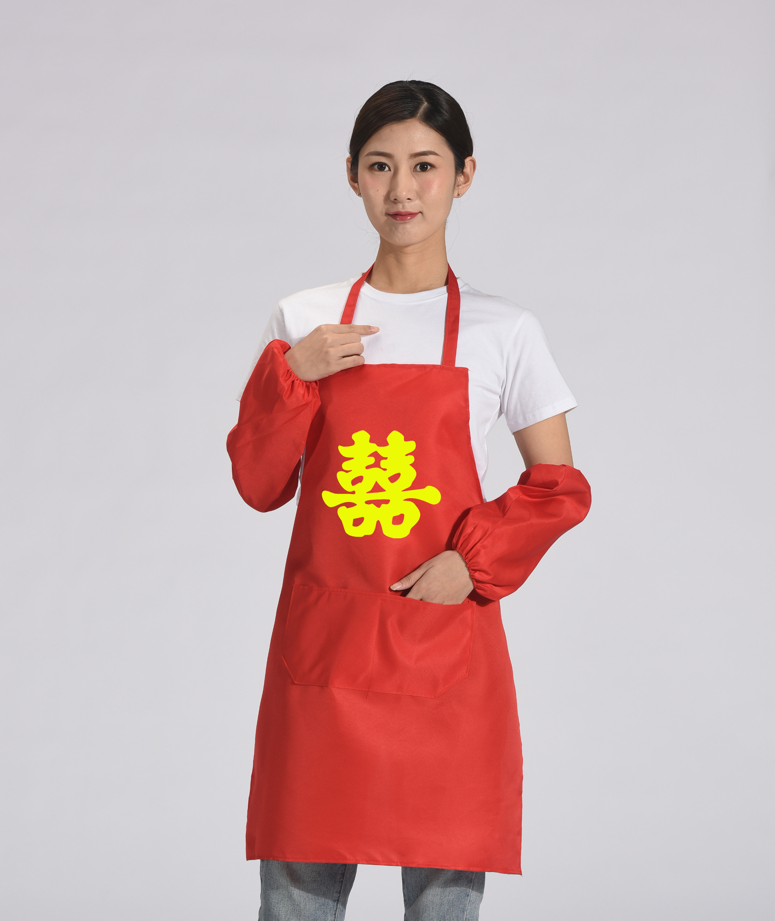 喜庆红色结婚围裙印字厨房婚宴喜事广告礼品防水套袖围腰清洁防污