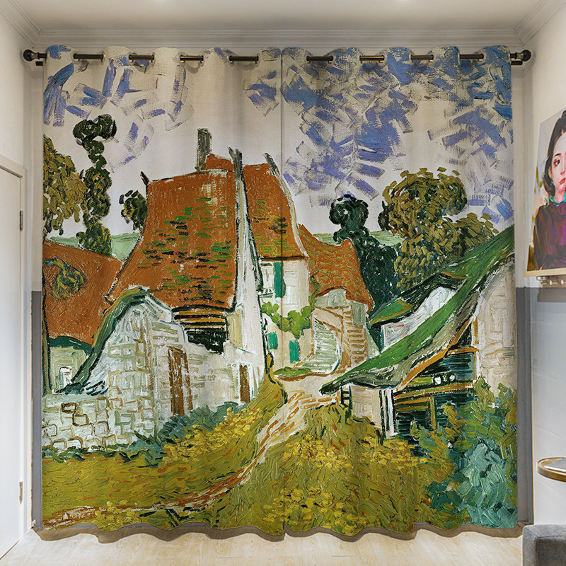 定制长帘粗麻加厚轻奢油画梵高高客卧室遮光定制窗帘