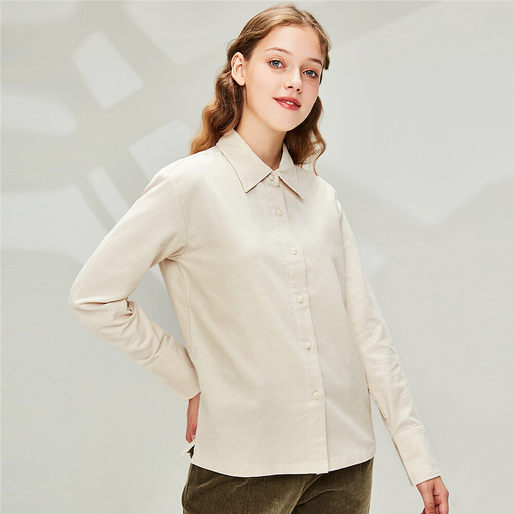 佐丹奴衬衫女装米白白色灯芯绒上衣纯棉灯笼条绒衬衫