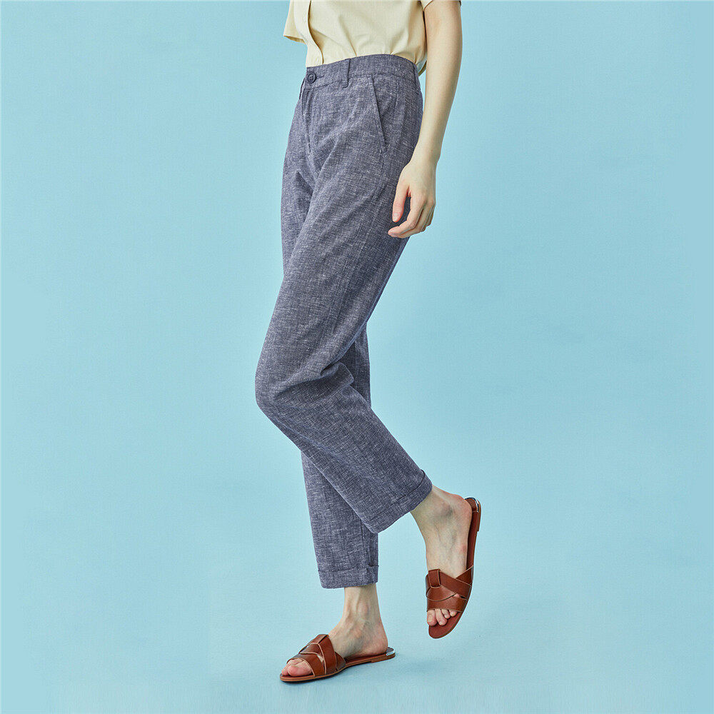 佐丹奴亚麻女装新款休闲裤女生天然麻棉翻边休闲休闲裤