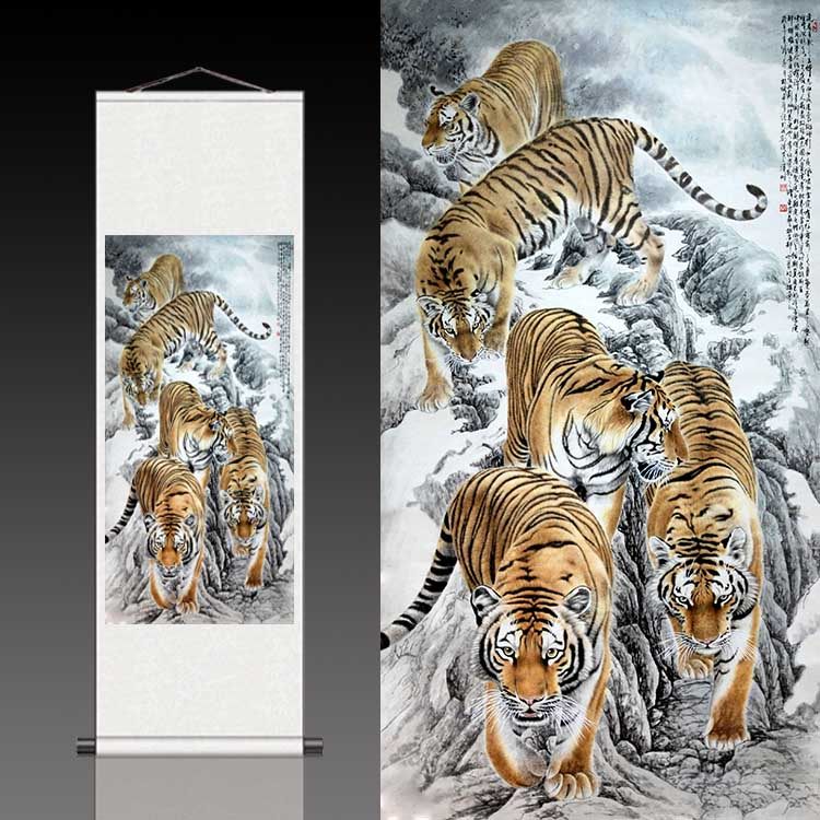 招财五虎丝绸卷轴镜片镜芯定制酒店会所装饰国画