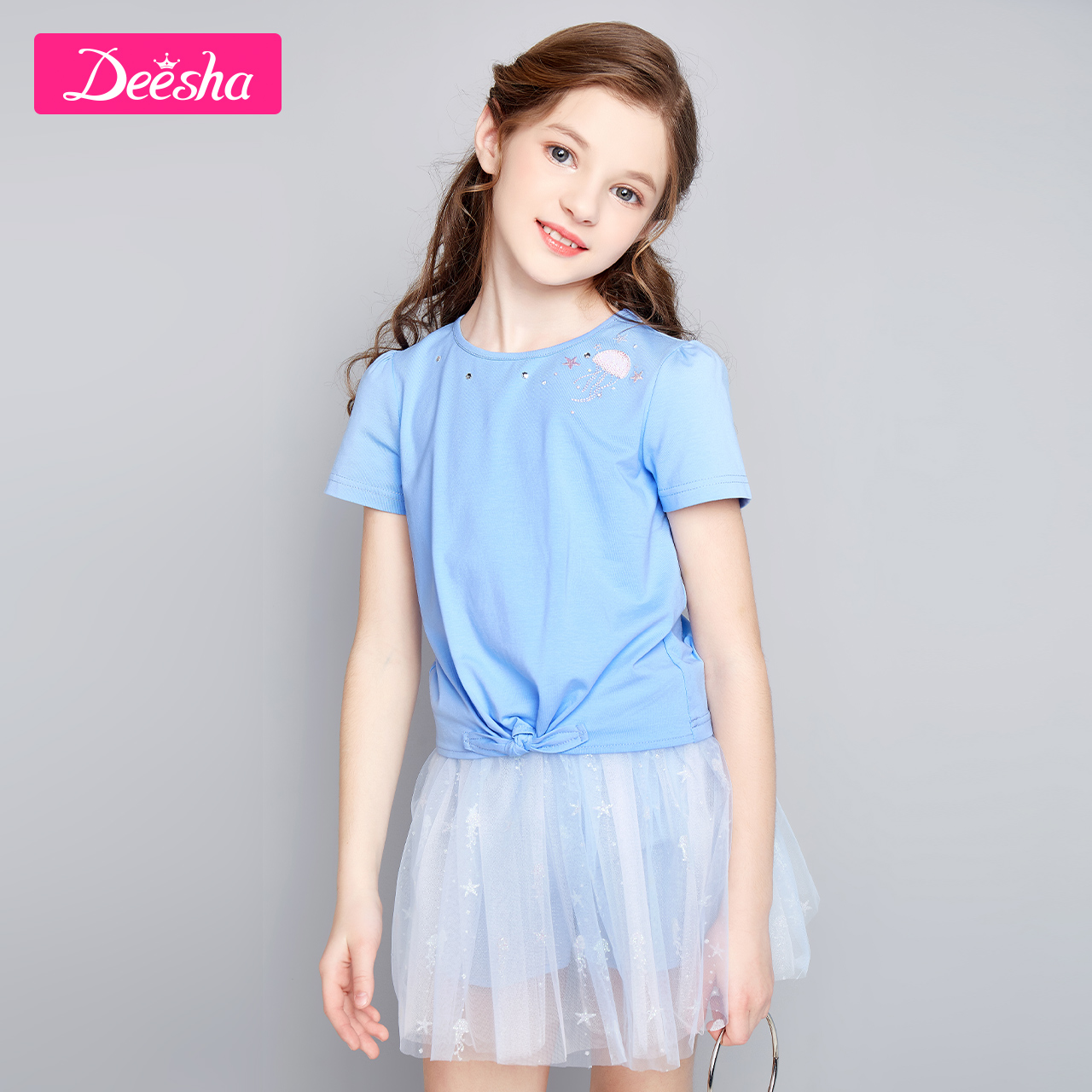 笛莎童装女童套装夏新中大童儿童休闲时尚套装t恤半身裙两件套潮