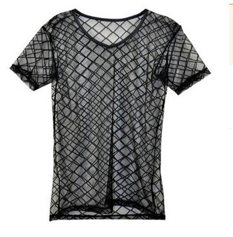 包邮男士性感超薄网纱短袖透明t恤 修身紧身上衣夜店潮流镂空