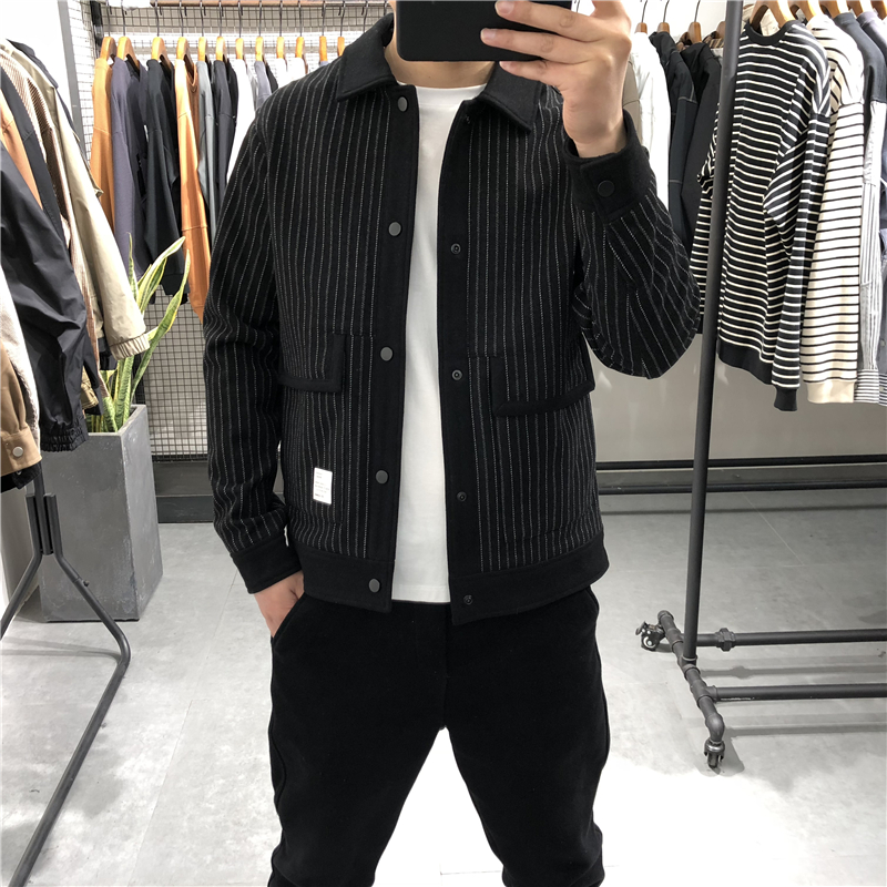 冬季新款竖条纹翻领夹克男韩版休闲呢子外套潮流帅气百搭青年上衣