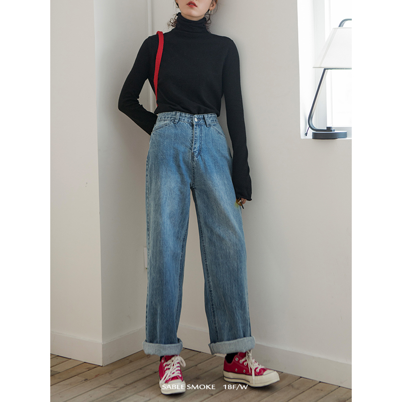 早春秋复古浅蓝色拖地阔腿牛仔裤女翻边高腰显瘦宽松直筒老爹裤子