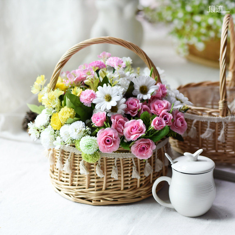 藤编手提花篮韩式甜美流苏柳编鲜花插花家居装饰花篮