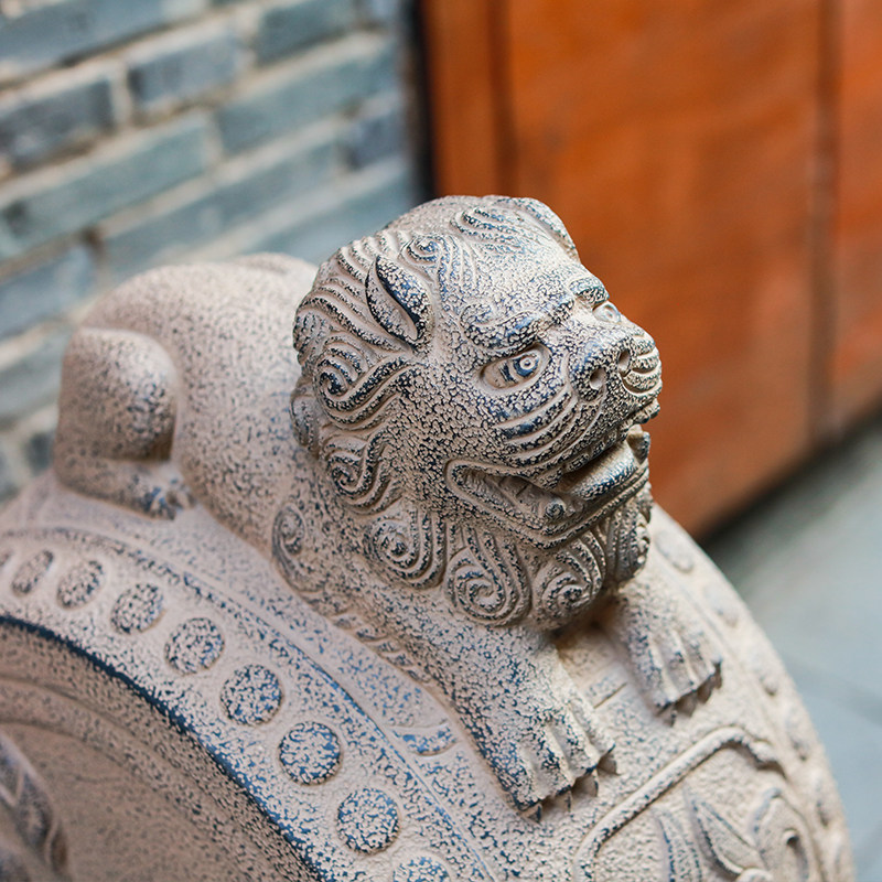 中式户外人造石雕狮子头门墩仿古抱鼓石一对家用摆件