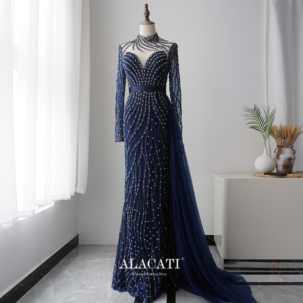 alacati新款高端奢华重工绣珠时尚飘纱鱼尾立领礼服