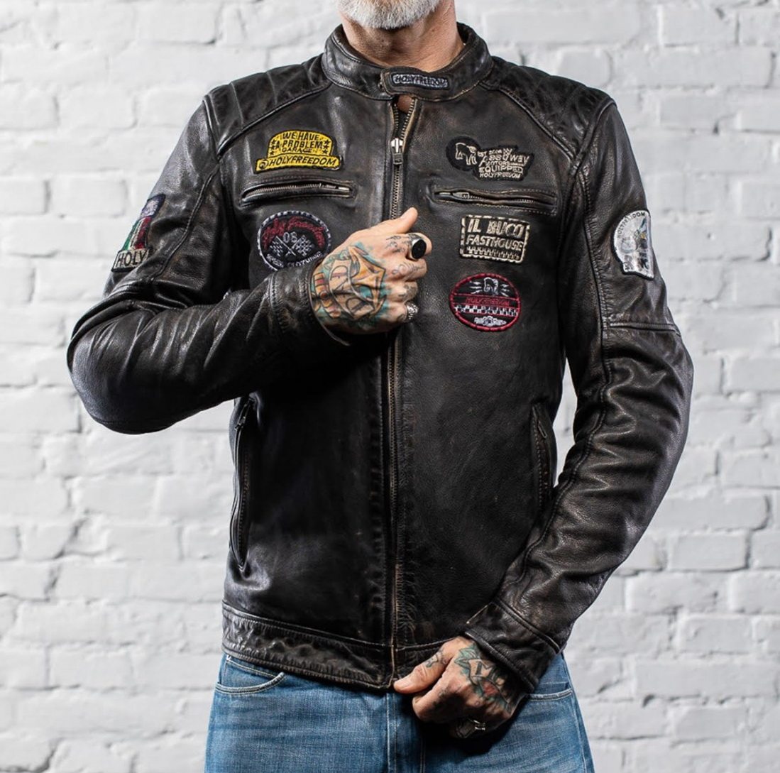 holyfreedom复古摩托车骑行哈雷牛皮做旧机车夹克短款赛车服