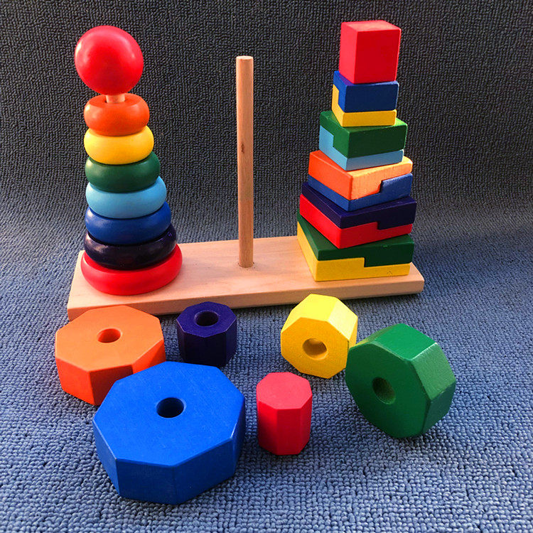 蒙氏教具叠叠乐儿童早教益智玩具彩虹塔套圈大号三柱套叠叠圈