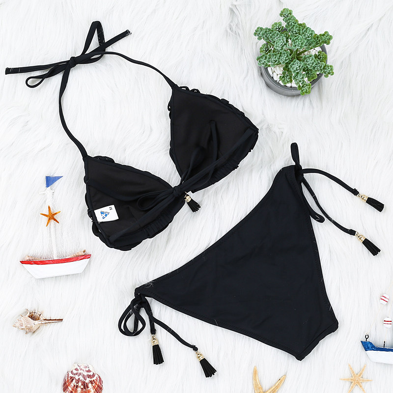 聚拢黑色三点式流苏比基尼三角性感欧美泳装温泉比基尼