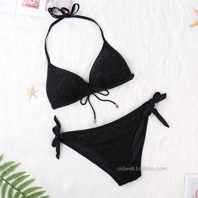 聚拢挂脖蓝色三点式比基尼蕾丝性感沙滩比基尼
