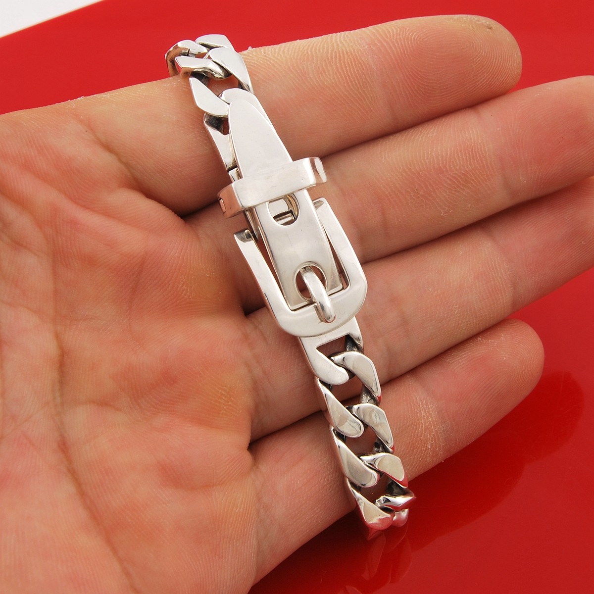 可调长度加厚实心纯银活扣手链扁链马鞭链酷男手链
