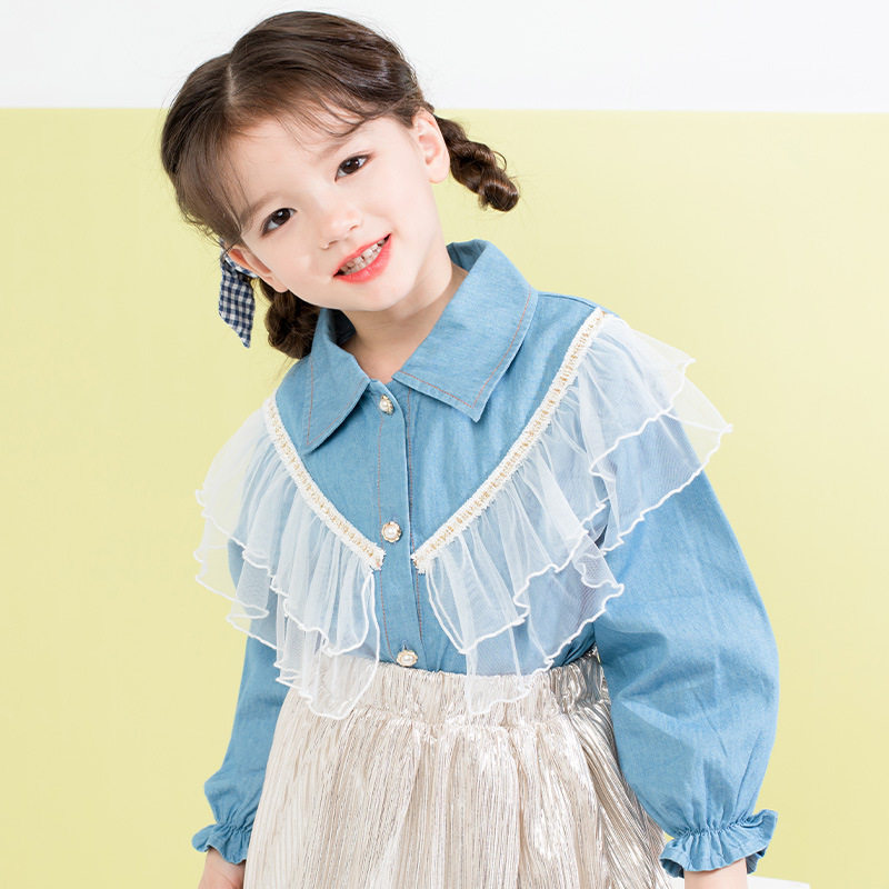 品牌童装2021年春季新款洋气大花边女童牛仔衬衫品牌童装儿童衬衣