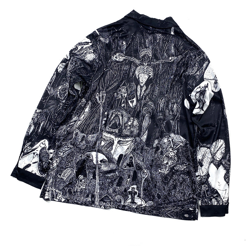 自主宗教衬衫长袖高街小众丝绸漫画涂鸦20aw衬衫