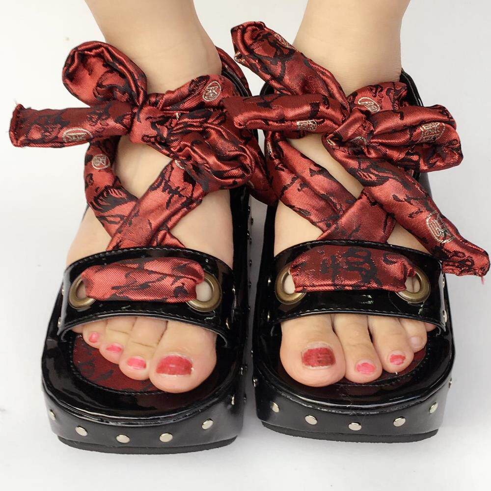 特别系带特殊木屐方底鞋汉服an缎带punkna时装凉鞋