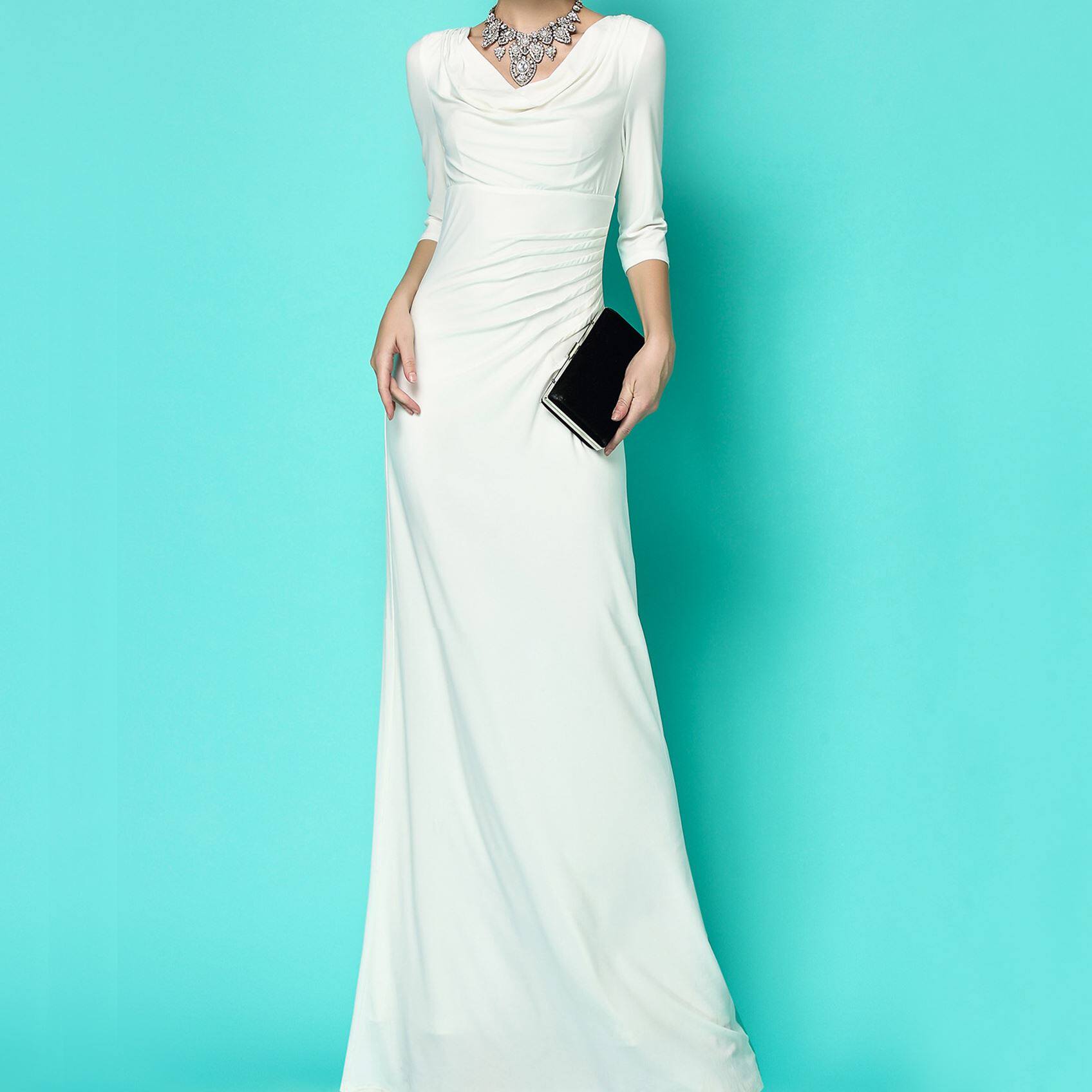 优雅希腊女神蓝色长裙主持人年会荡领坠地礼服连衣裙