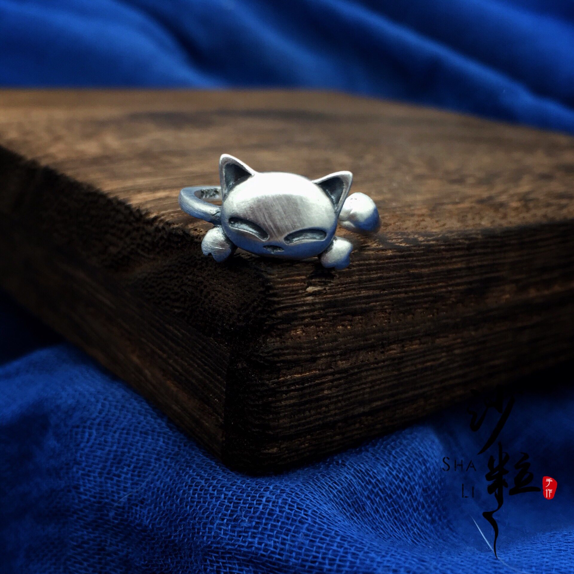原创设计s925纯银复古手工泰银猫咪戒指文艺戒指