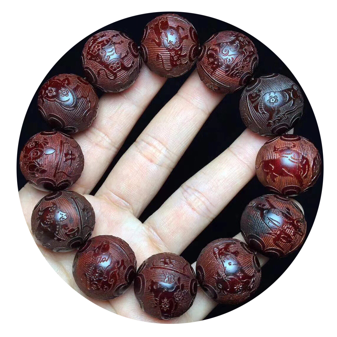 牛气冲天印度小叶紫檀雕刻佛珠手串20mm文玩手串