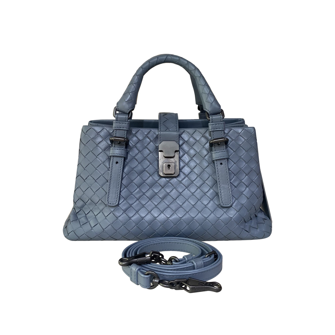 bv葆蝶家蓝色全皮编织mini罗马单肩斜挎包通用款女包