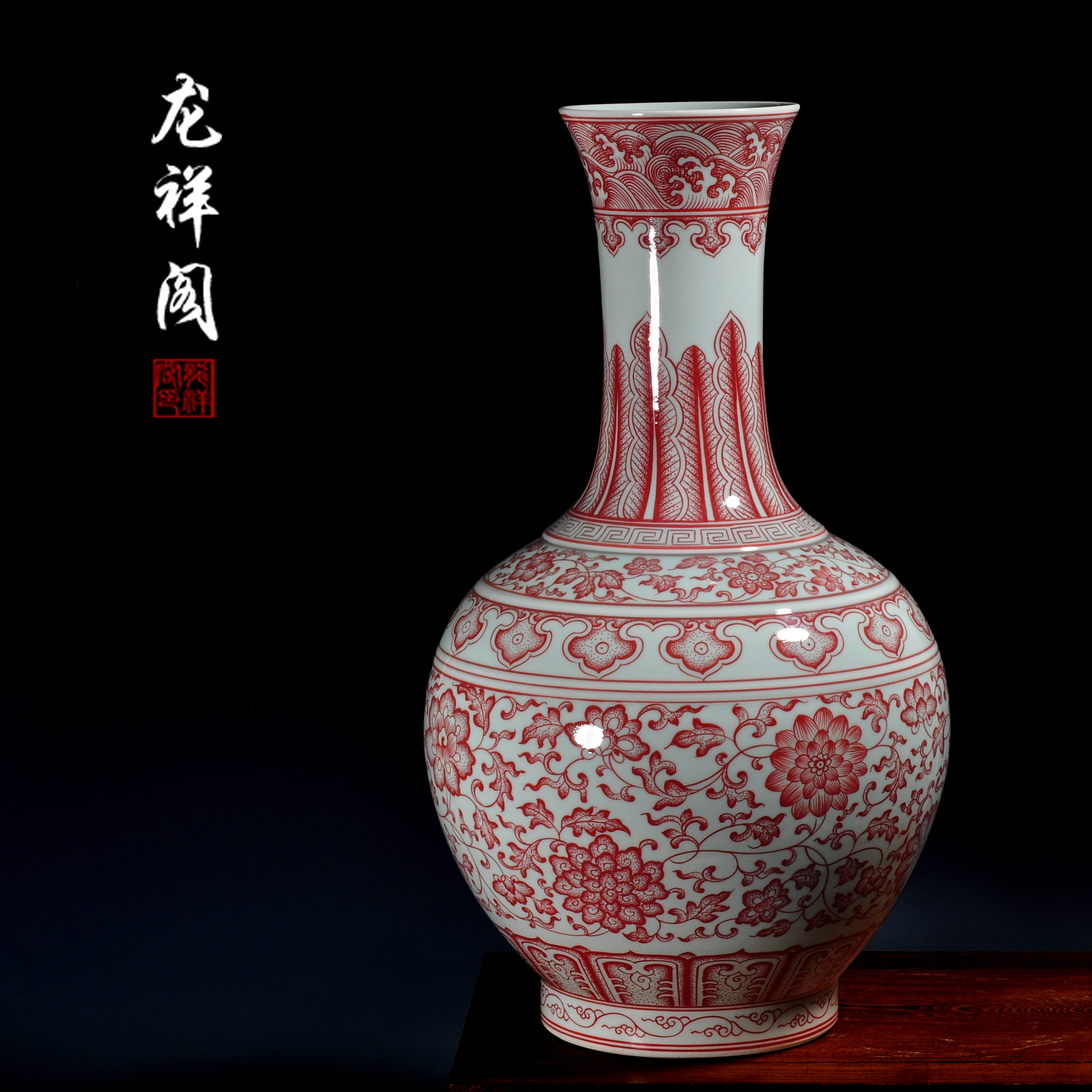 高档手绘釉里红色花瓶仿古景德镇陶瓷器摆件复古花瓶