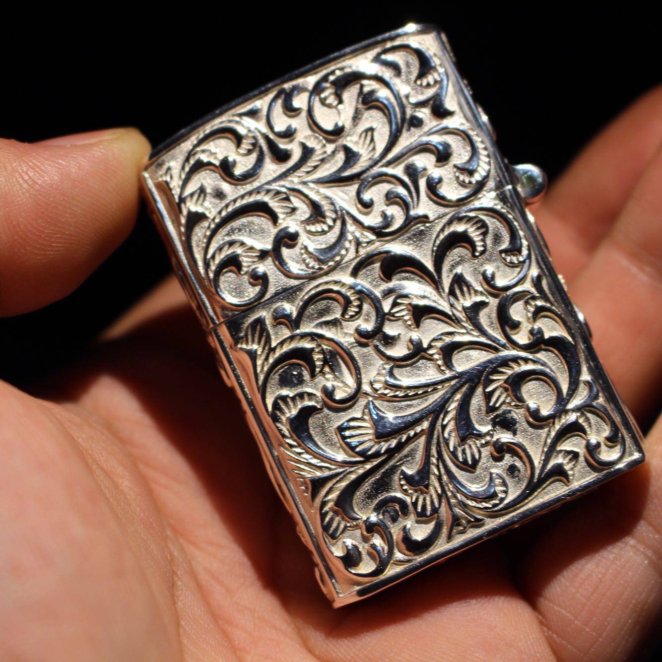 原创手工雕刻唐草纯银重盔煤油打火机925纯银六面雕外壳加厚深雕