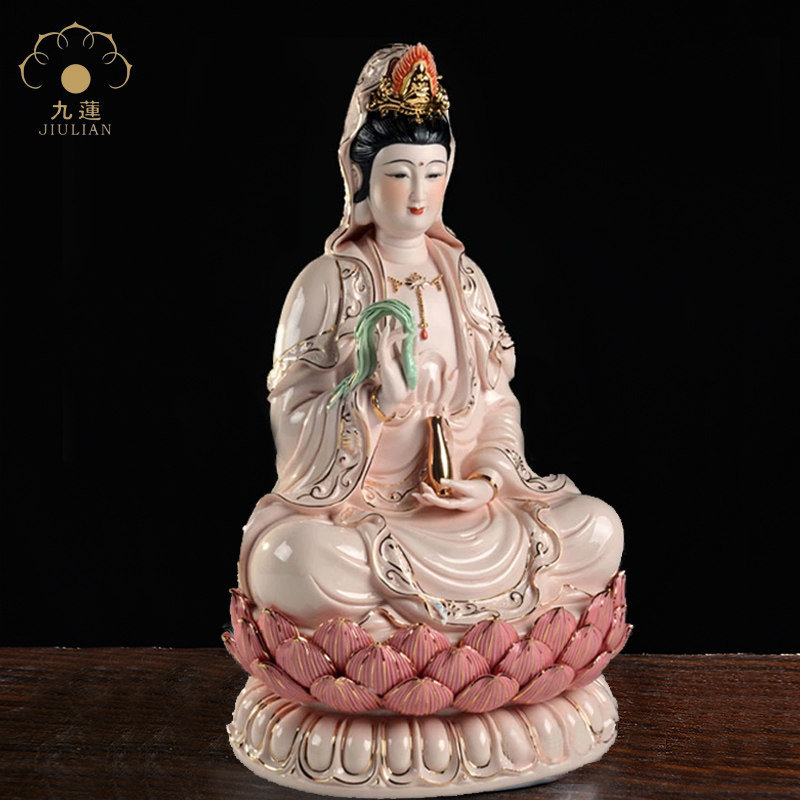 观音佛像坐莲菩萨供奉镇开光佛堂家居客厅描金摆件