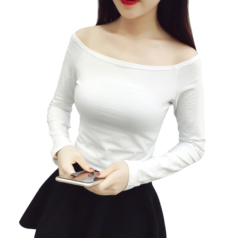 秋冬季新款黑色一字领t恤女长袖打底衫性感漏肩百搭显瘦女上衣潮