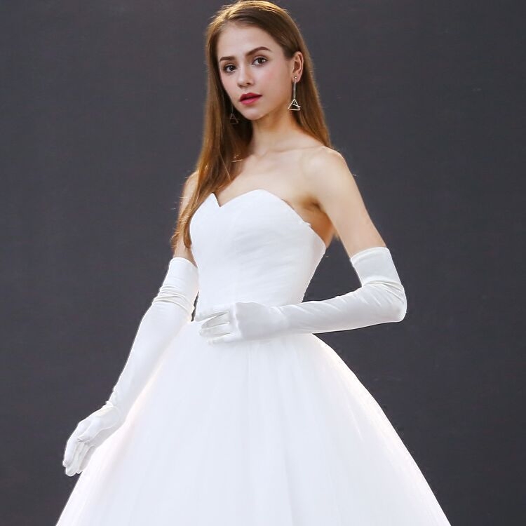 手套秋冬新款缎面长款白色新娘素面全指婚纱婚纱手套