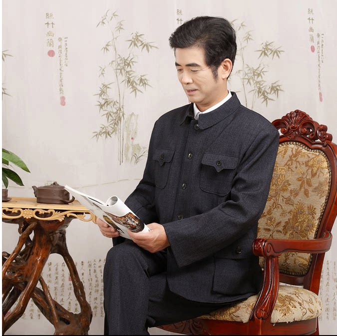 中山装中老年套装外袋春秋翻领民族老年人中山外套中山装