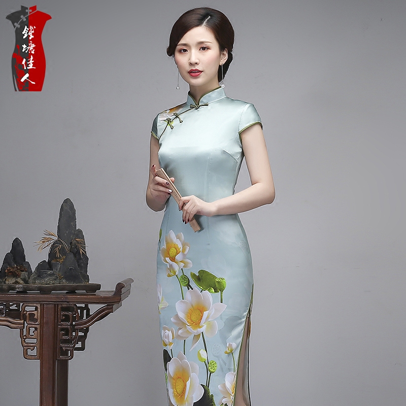 旗袍钱塘佳人春夏真丝中长连衣裙复古中国国风品质旗袍