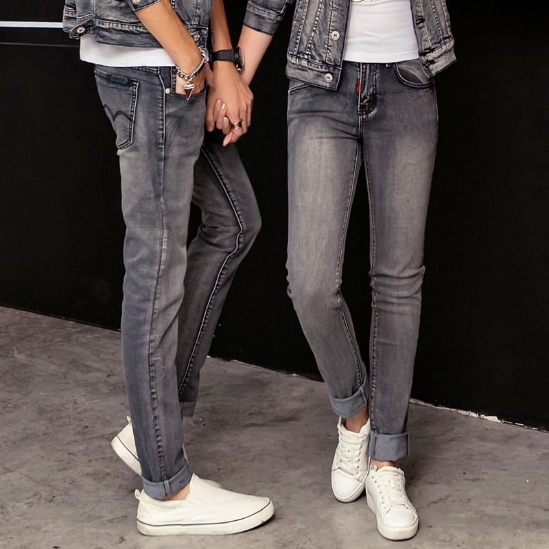 弹力牛仔裤 情侣装牛仔套装搭配裤 破洞小脚牛仔裤子男烟灰色韩版