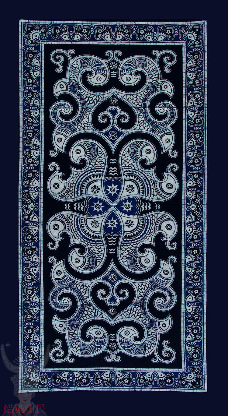 蜡染苗族长桌桌布门帘台布装饰画茶几鸟福170cm苗族蜡染