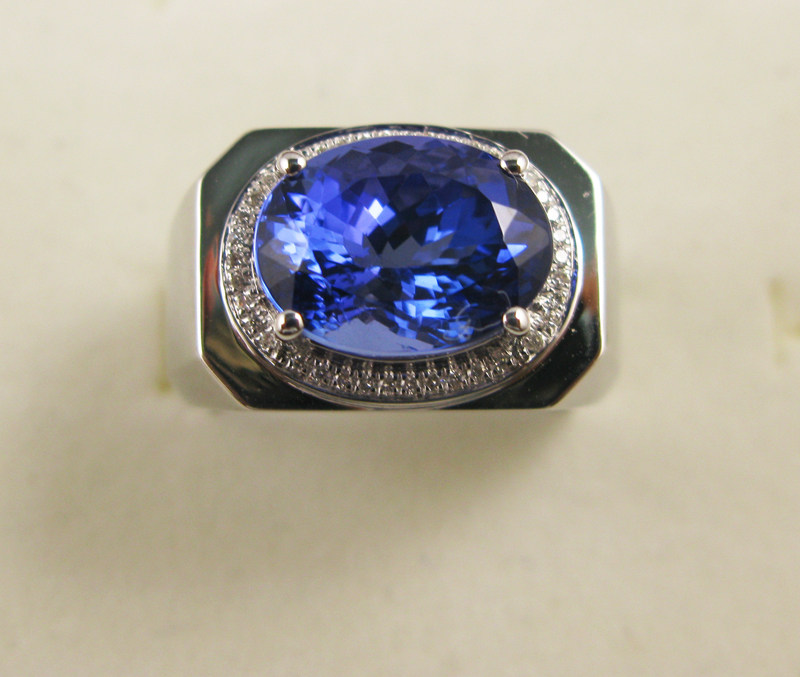 天然深色坦桑男款戒指18k白金旦形刻面147x103mm手饰