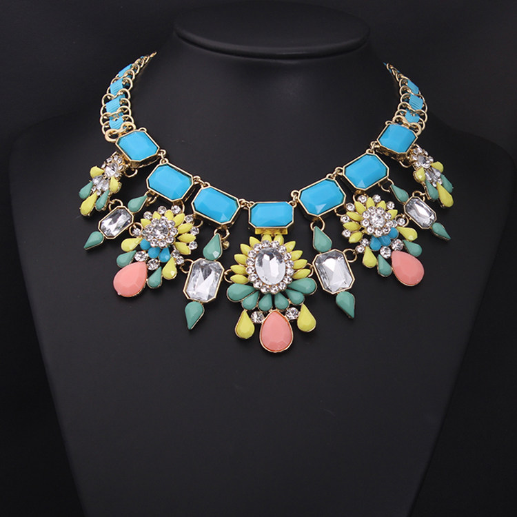 欧美大牌奢华彩色宝石水钻花朵锁骨项链夸张项链