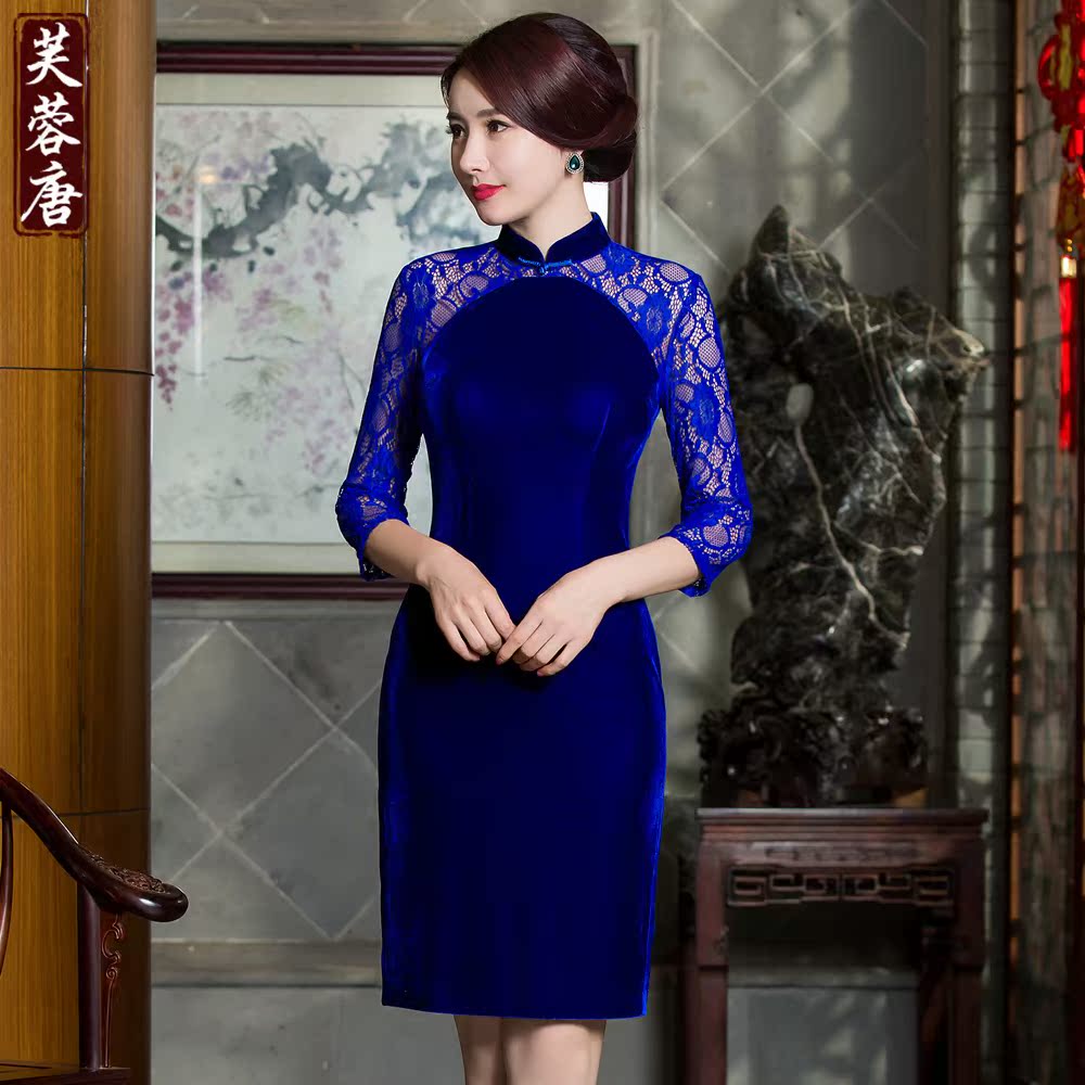 优雅奢华高贵名媛蕾丝拼接接长礼服金丝绒旗袍旗袍