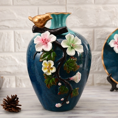 陶瓷花瓶摆件客厅插花欧式创意立体浮雕花插摆盘三件套家居装饰品_双